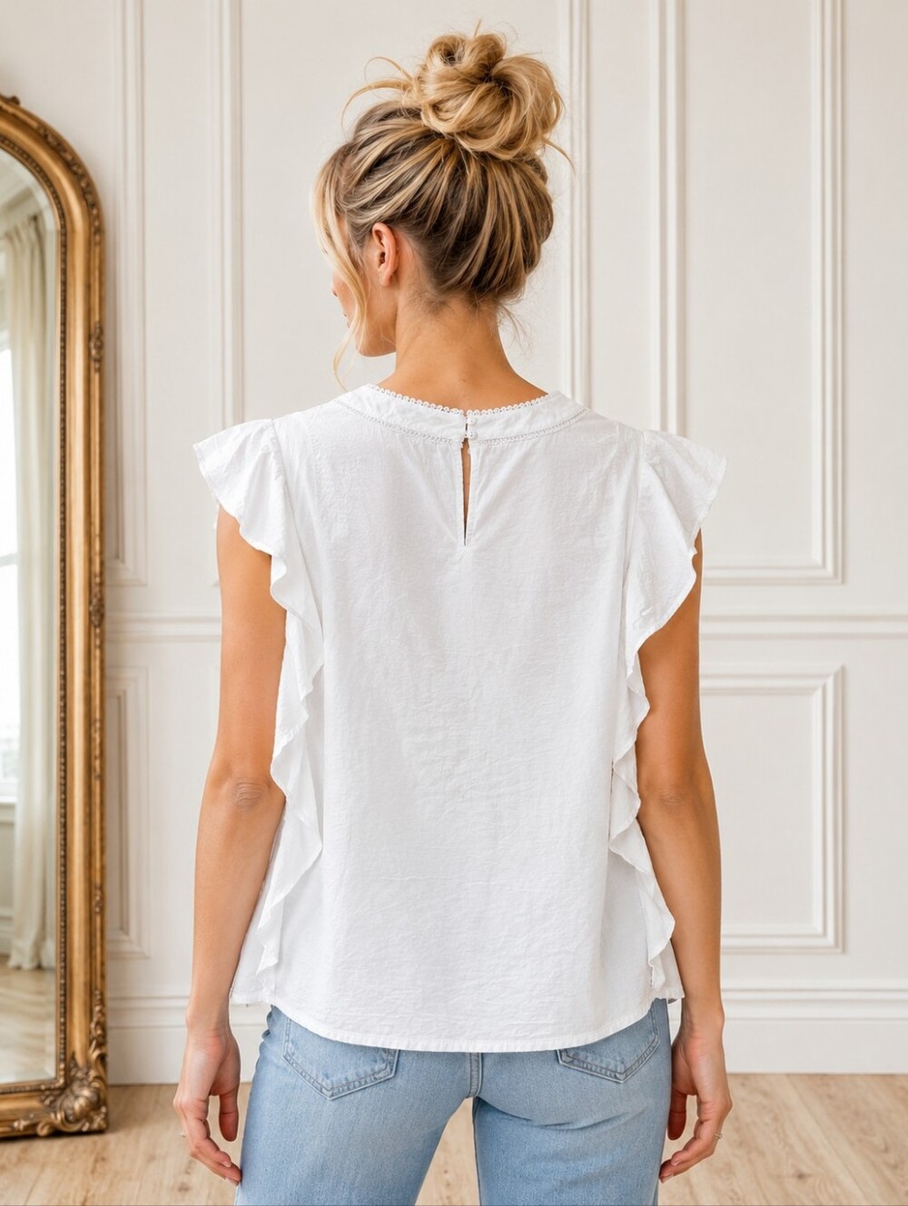 Jessica Simpson White Ruffle Blouse XL | 100% Cotton Flutter Sleeve Lace Trim - Picture 2 of 8